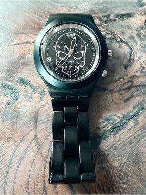 Swatch Irony Diaphane Chrono Full-Blooded Black Skull Skeleton Dial New Battery